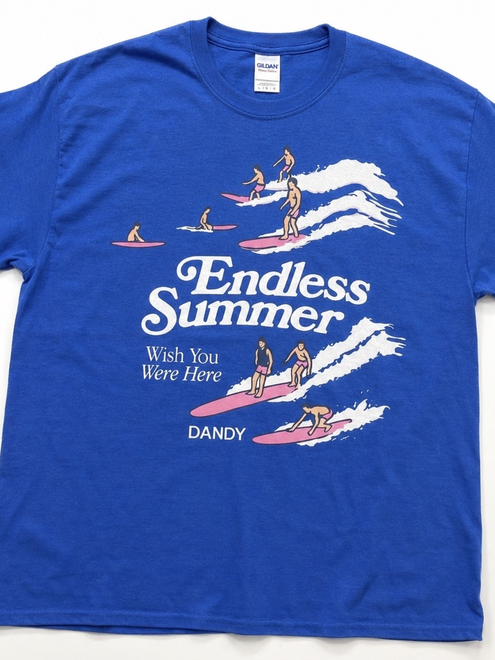 Gildan 5000 Blue 'Endless Summer' Graphic Tee with Pink and White Accents